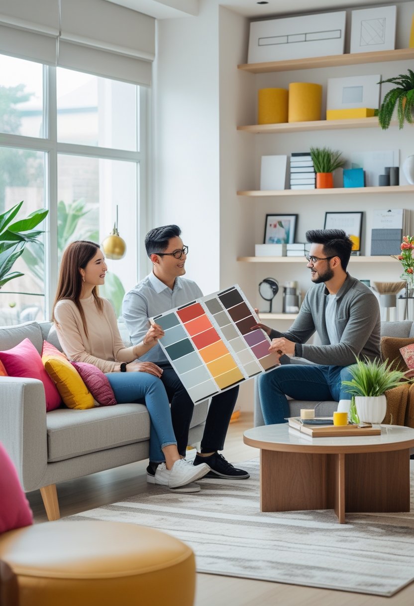 A decorator shows a mood board to a couple in a bright living room, discussing interior design ideas.