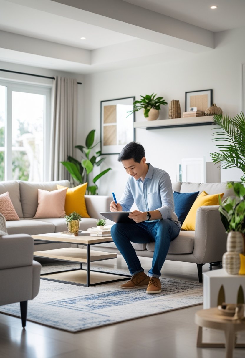 A person planning a living room layout while taking notes in a bright, modern room with furniture and plants.