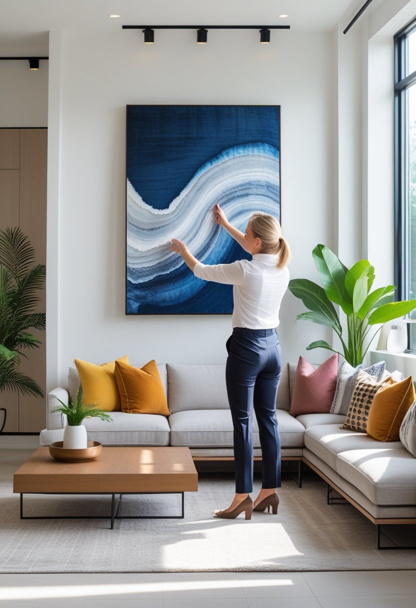 Interior designer placing a large artwork above a sofa in a bright living room.