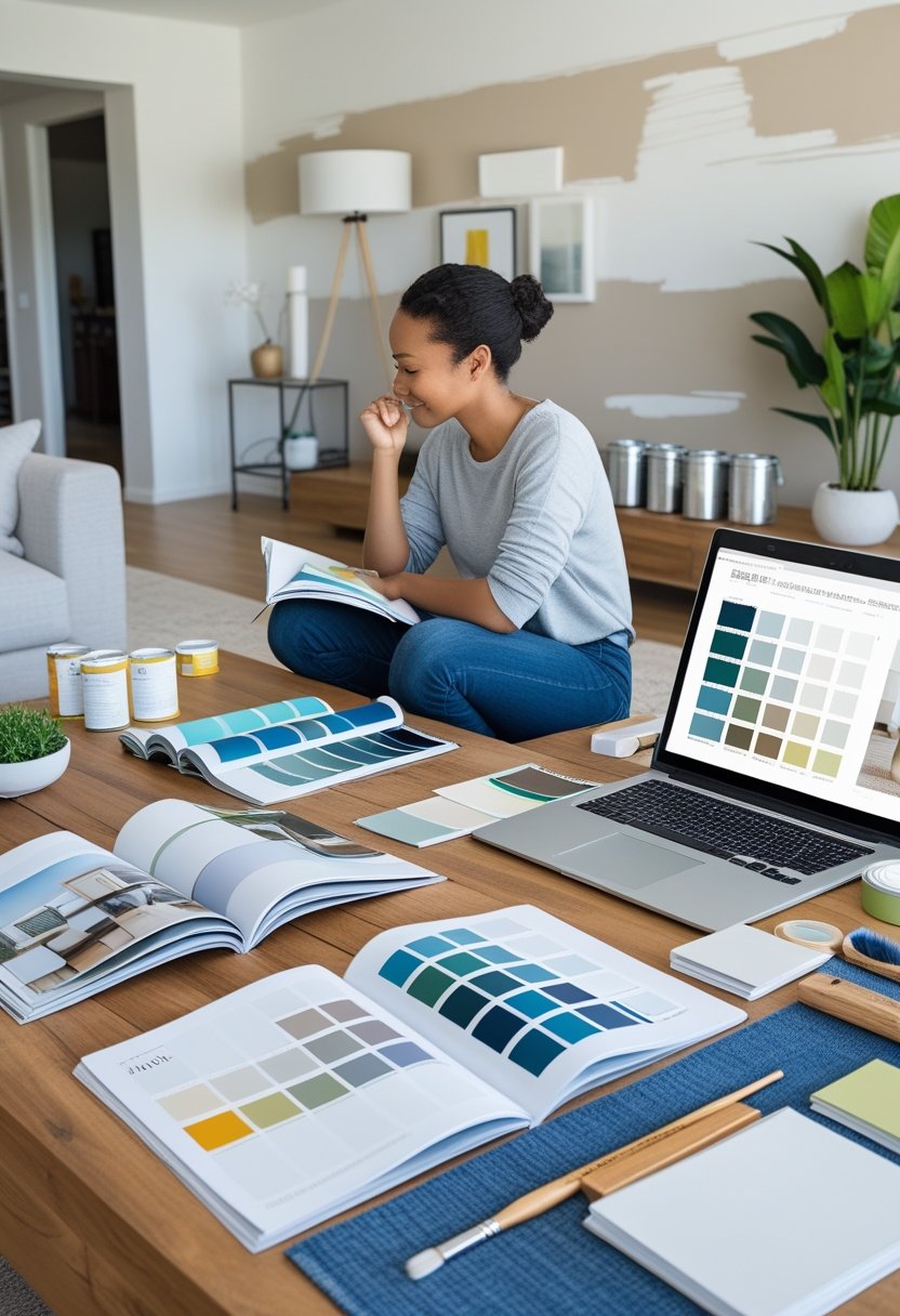 Person sitting at a table with design magazines, color swatches, and painting supplies, preparing to decorate a living room.