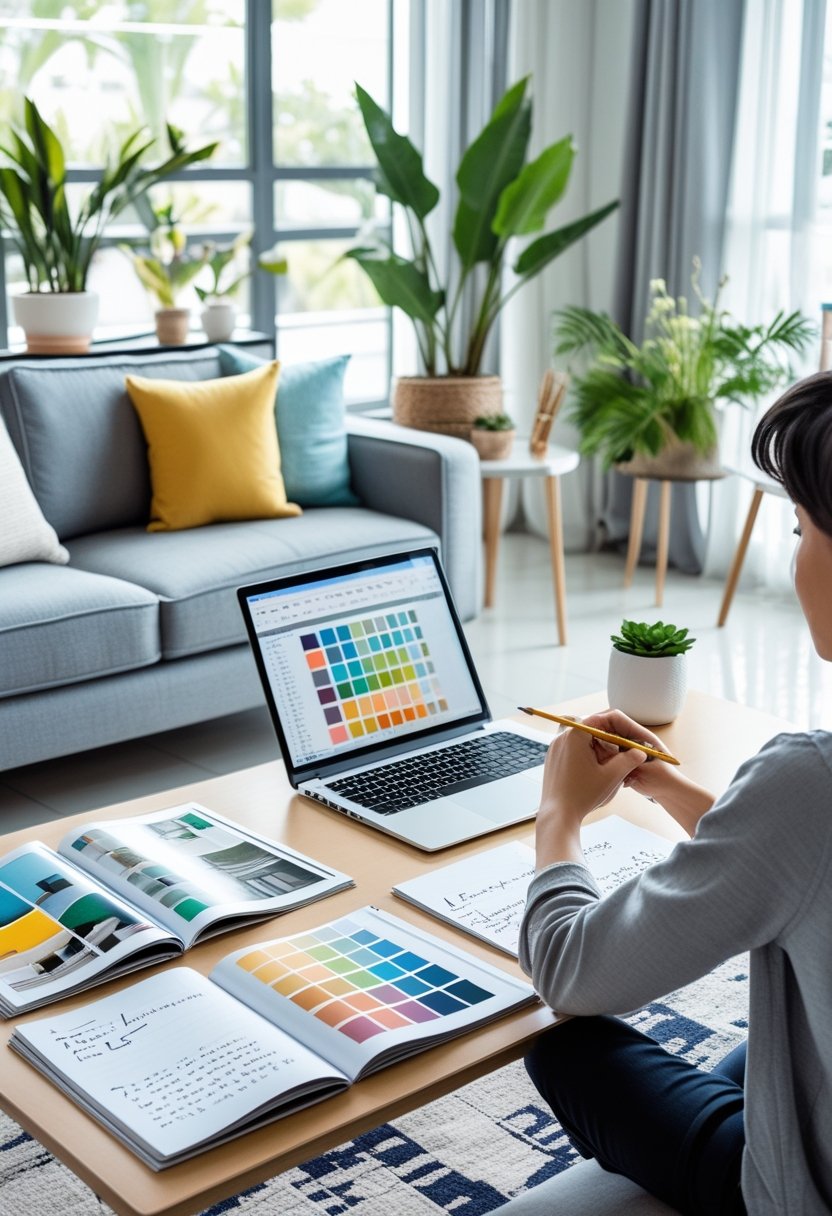 A person sitting at a coffee table in a living room, surrounded by design magazines, color swatches, and a laptop, planning home decoration.