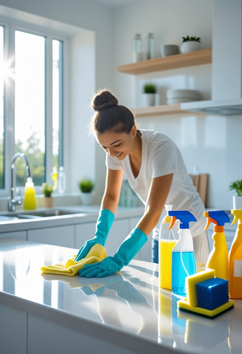 Person cleaning a kitchen countertop with cleaning supplies nearby in a bright, tidy home.