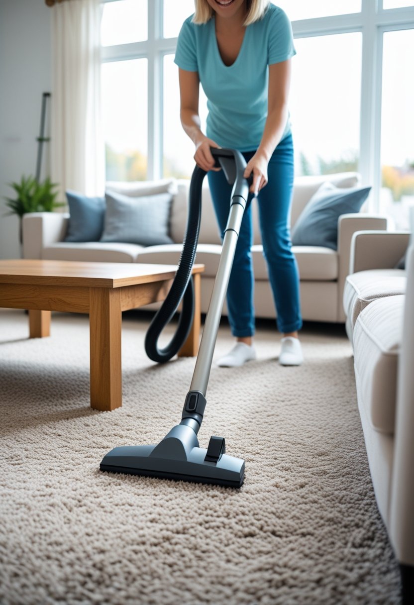 Person vacuuming carpet and sofa in a bright living room, cleaning under a coffee table.