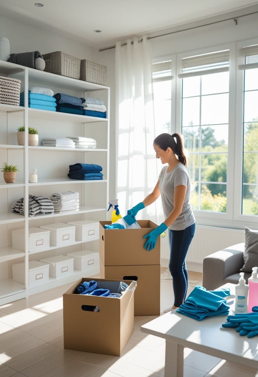 A person organizing and decluttering a bright, tidy living room with shelves, storage boxes, and cleaning supplies.