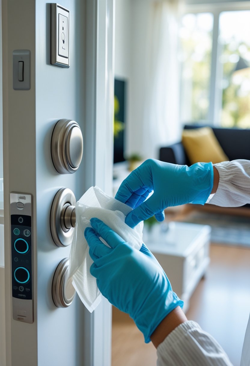 Person wearing gloves disinfecting a doorknob, light switch, and remote control in a bright living room.