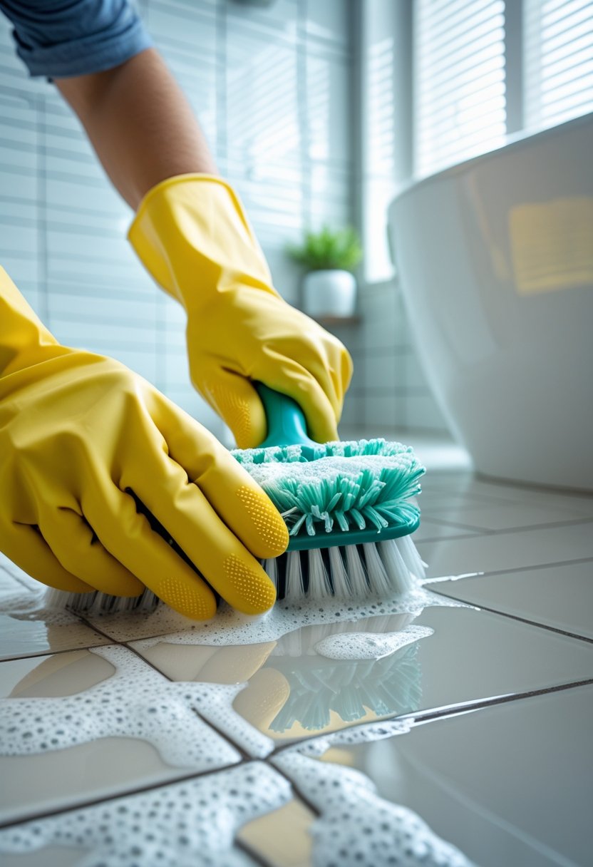Hands wearing yellow gloves scrubbing grout between bathroom tiles with a brush and cleaner.