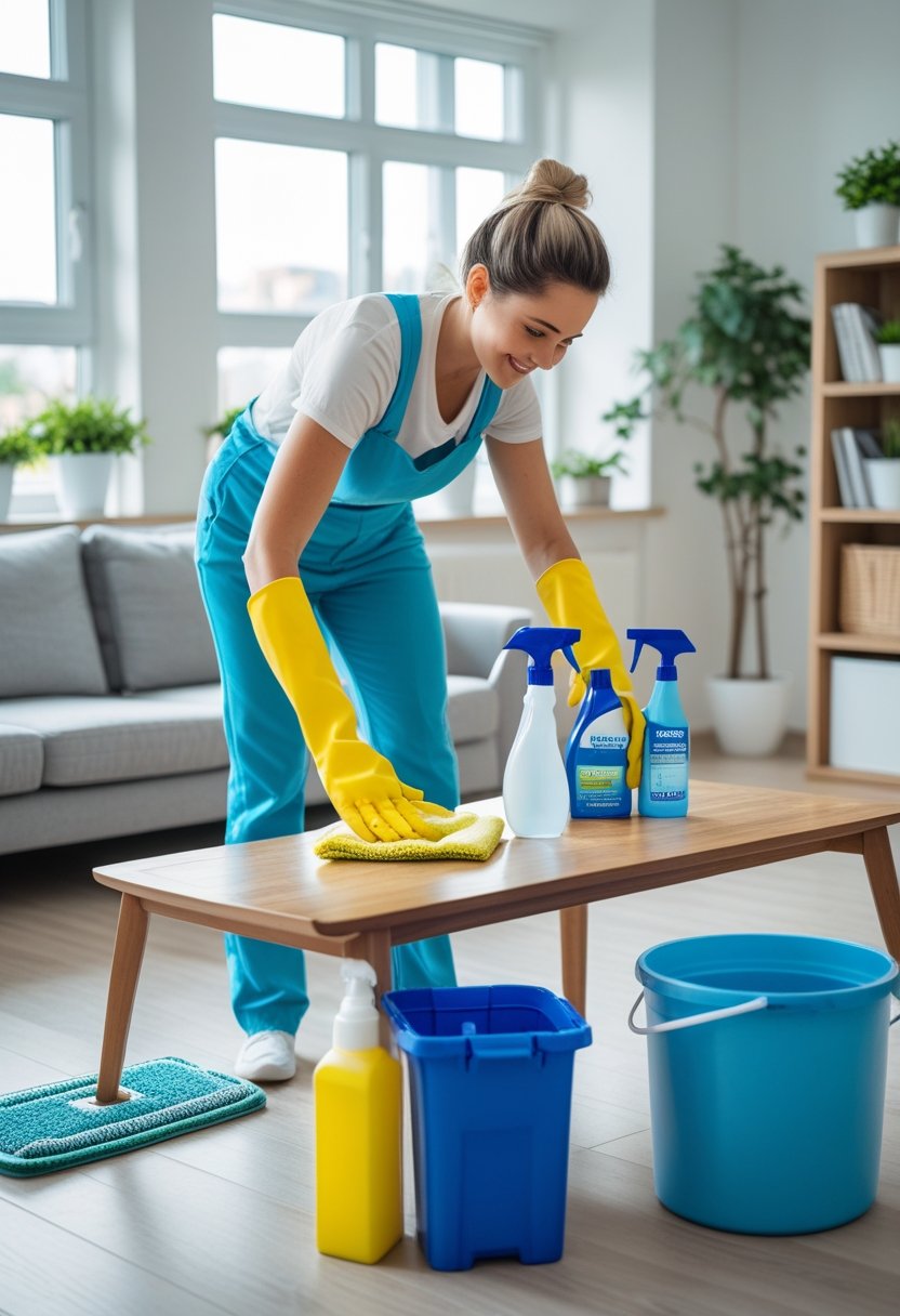 Person cleaning a living room table with cleaning supplies visible around them in a bright, tidy room.