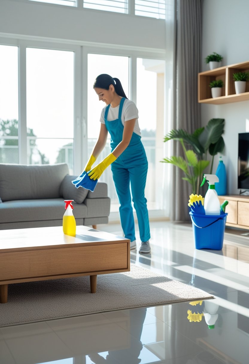 Person wiping a coffee table in a clean, sunlit living room with cleaning supplies nearby.