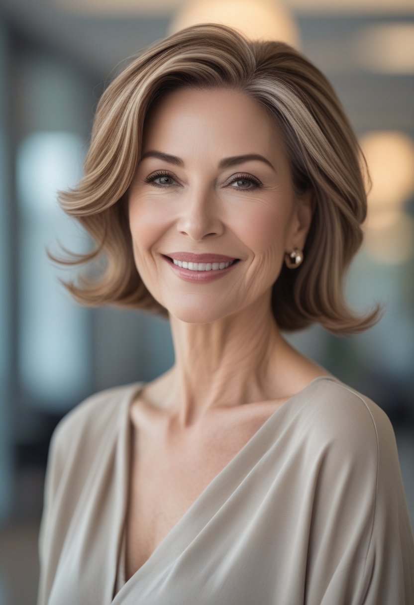 A smiling woman over 50 with a modern haircut, looking confident against a softly blurred background.