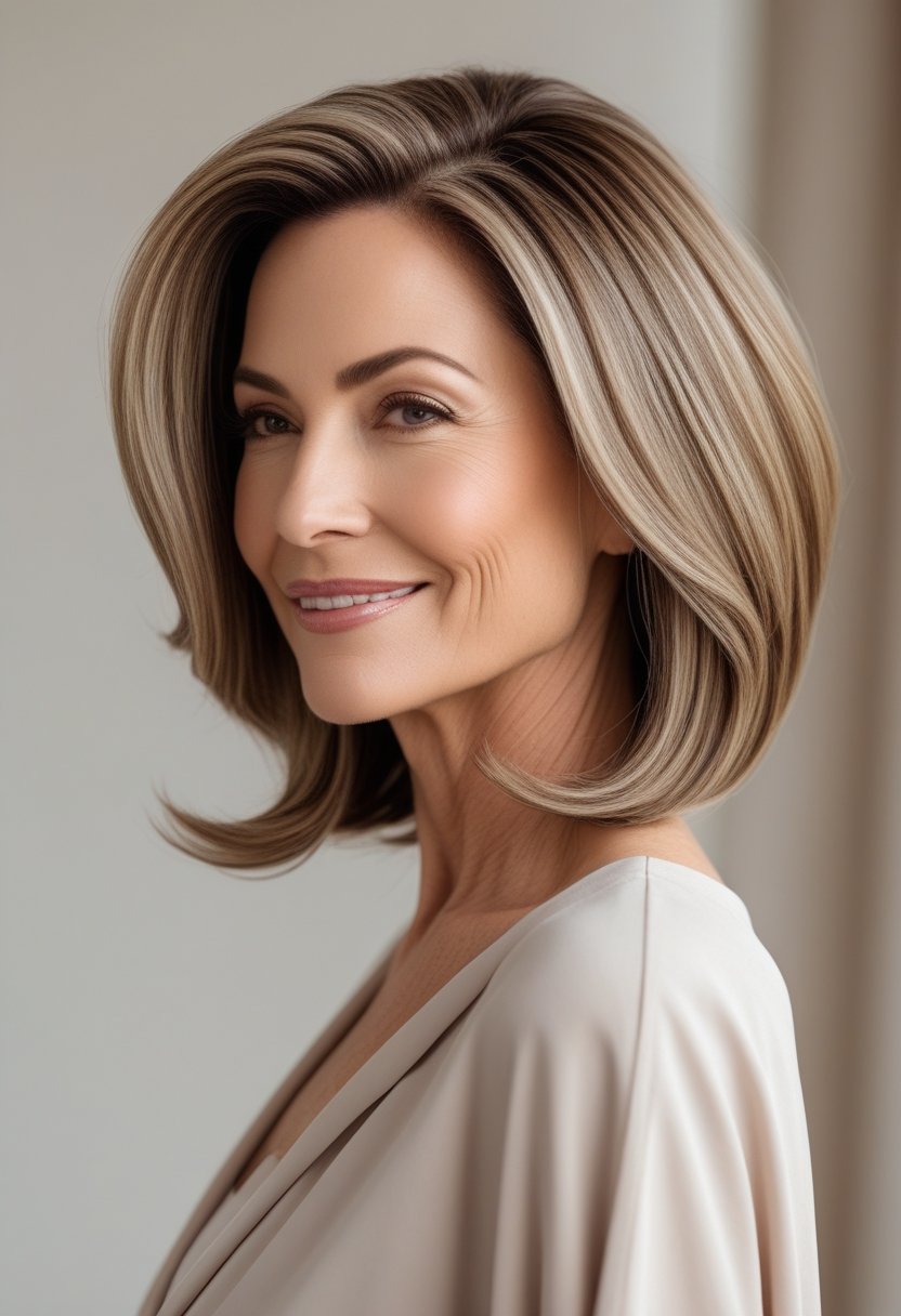 A smiling woman over 50 with a voluminous long bob haircut in a studio setting.