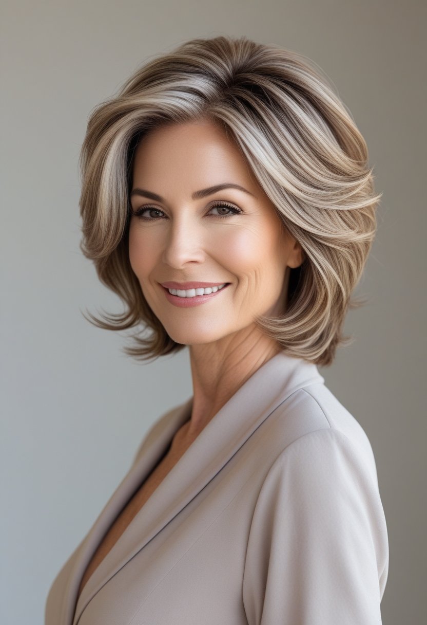 A smiling woman over 50 with medium-length layered hair, posing in a well-lit studio against a neutral background.