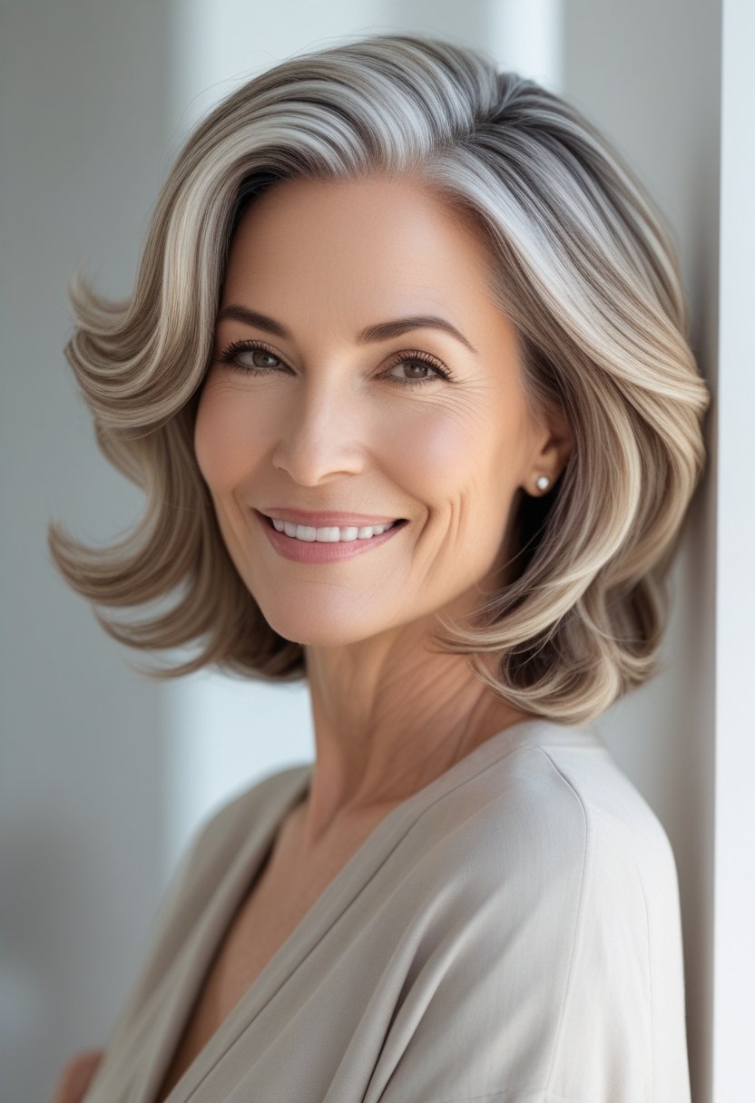A smiling woman over 50 with shoulder-length soft wavy hair looking slightly away from the camera.