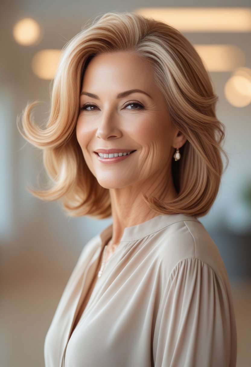 A smiling woman over 50 with shoulder-length blondish caramel hair in a bright indoor setting.