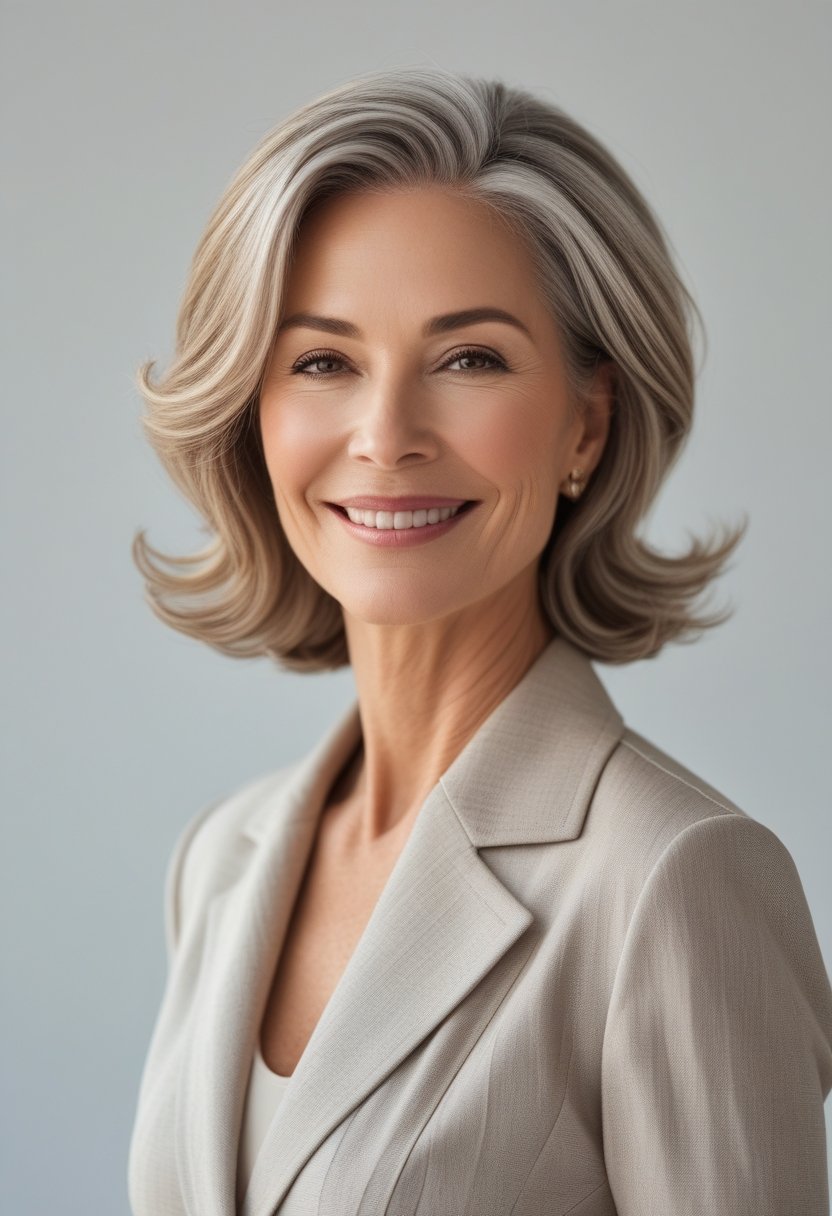 A smiling woman over 50 with medium-length wavy hair and subtle highlights, standing against a plain background.