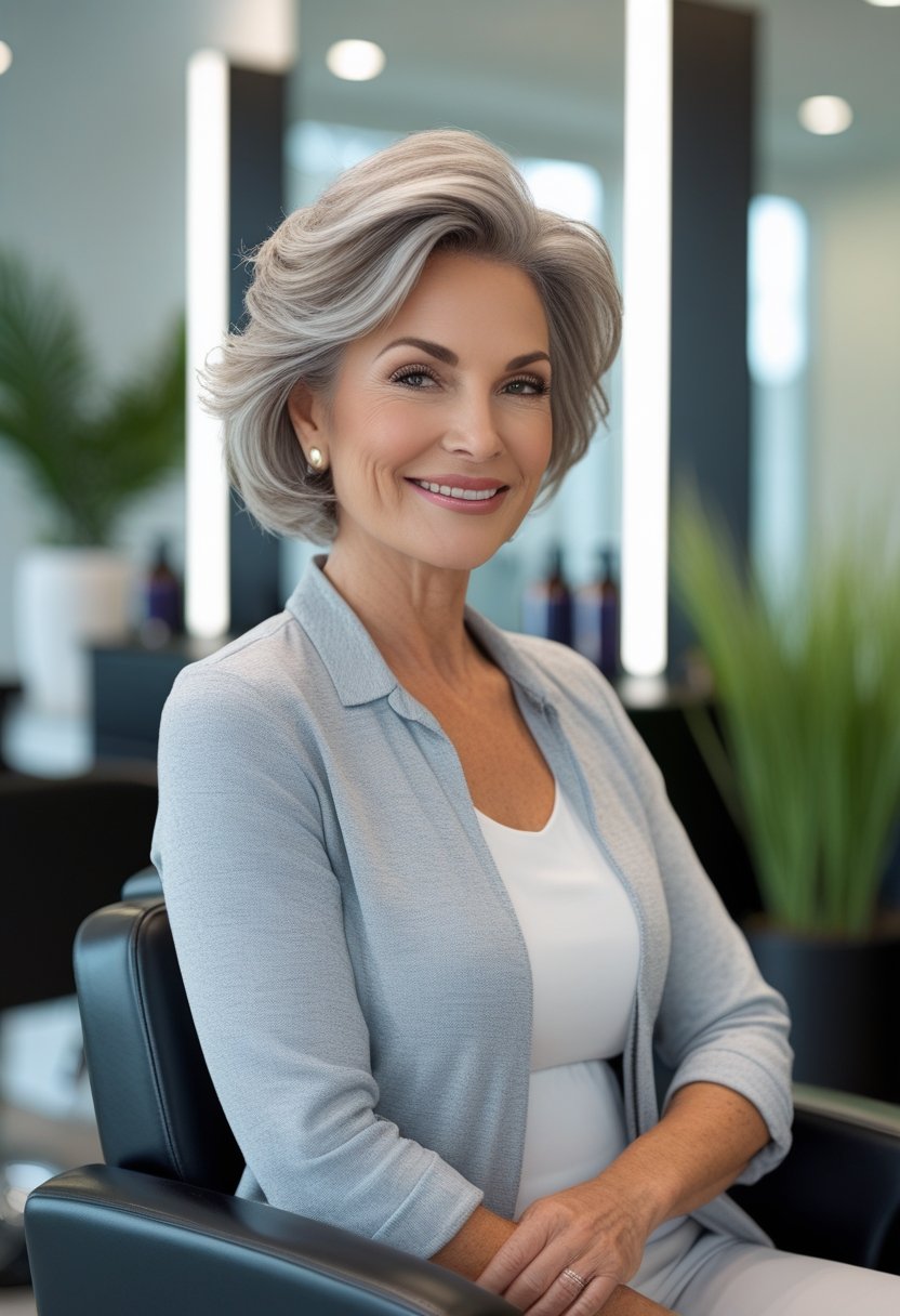 A smiling woman over 50 with a fresh haircut sitting in a bright modern hair salon.
