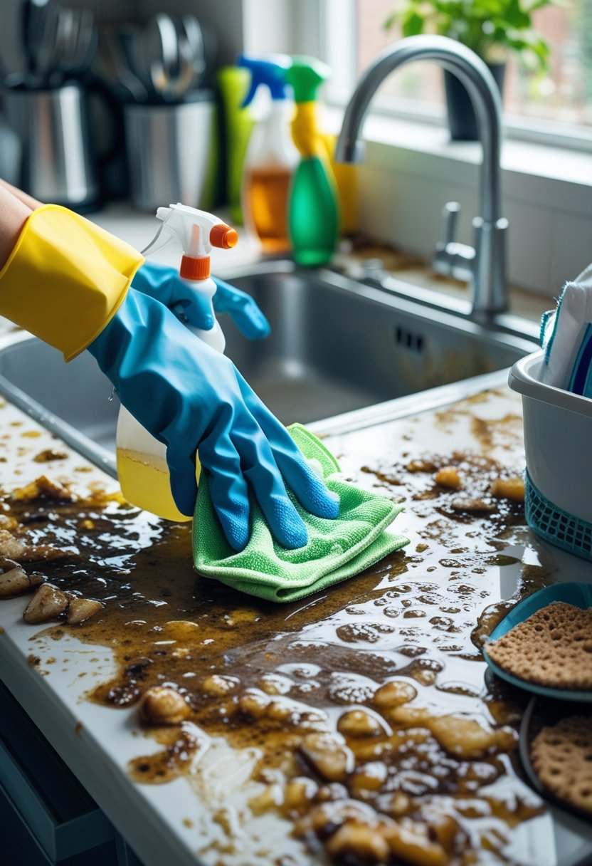 A person wearing rubber gloves cleaning a messy kitchen countertop covered with spilled food and dirty dishes.