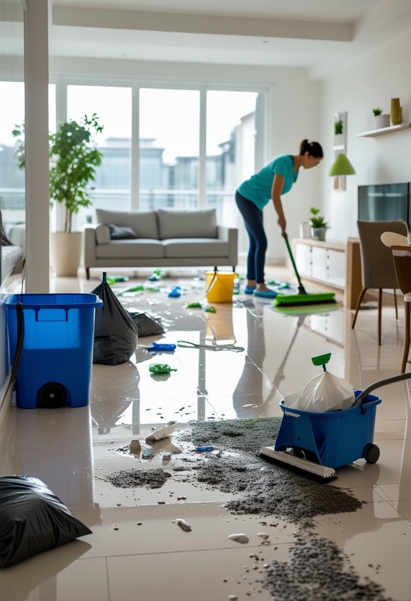 A person cleaning a cluttered living room, clearing pathways and organizing the space for better movement.