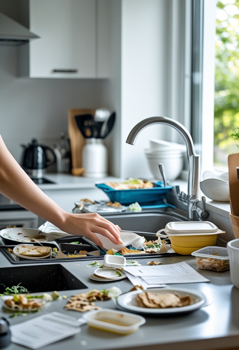 A small kitchen countertop with a hand decluttering messy items including dishes and papers.