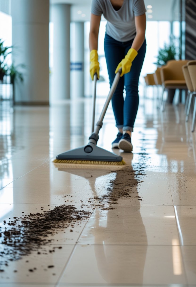 A person cleaning a high-traffic floor with a vacuum cleaner in a modern indoor space.