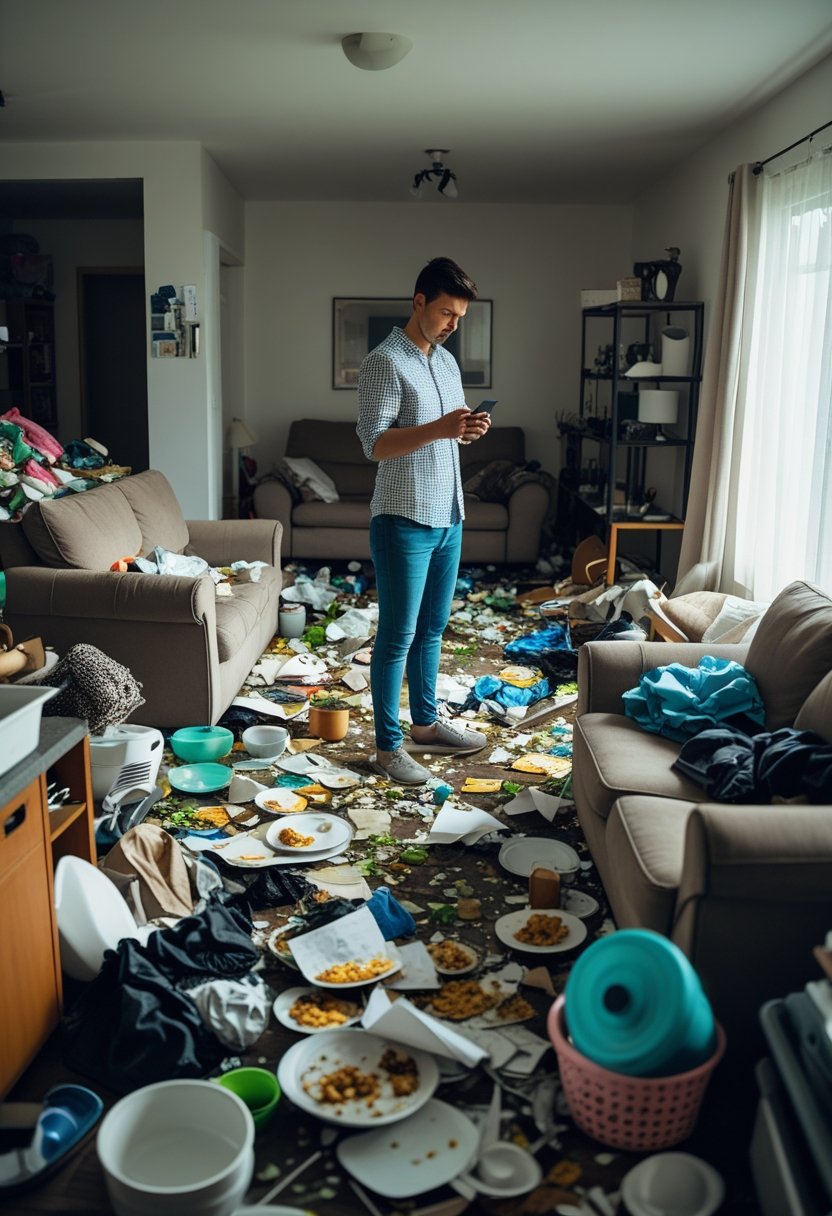 A person looking thoughtfully at a cluttered room filled with scattered trash, dirty dishes, and clothes, deciding where to start cleaning.