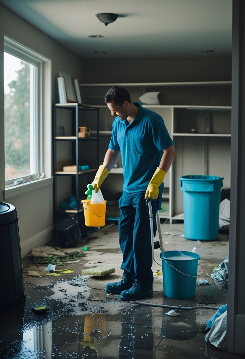 A person wearing gloves cleaning a very messy and dirty room with cleaning supplies.