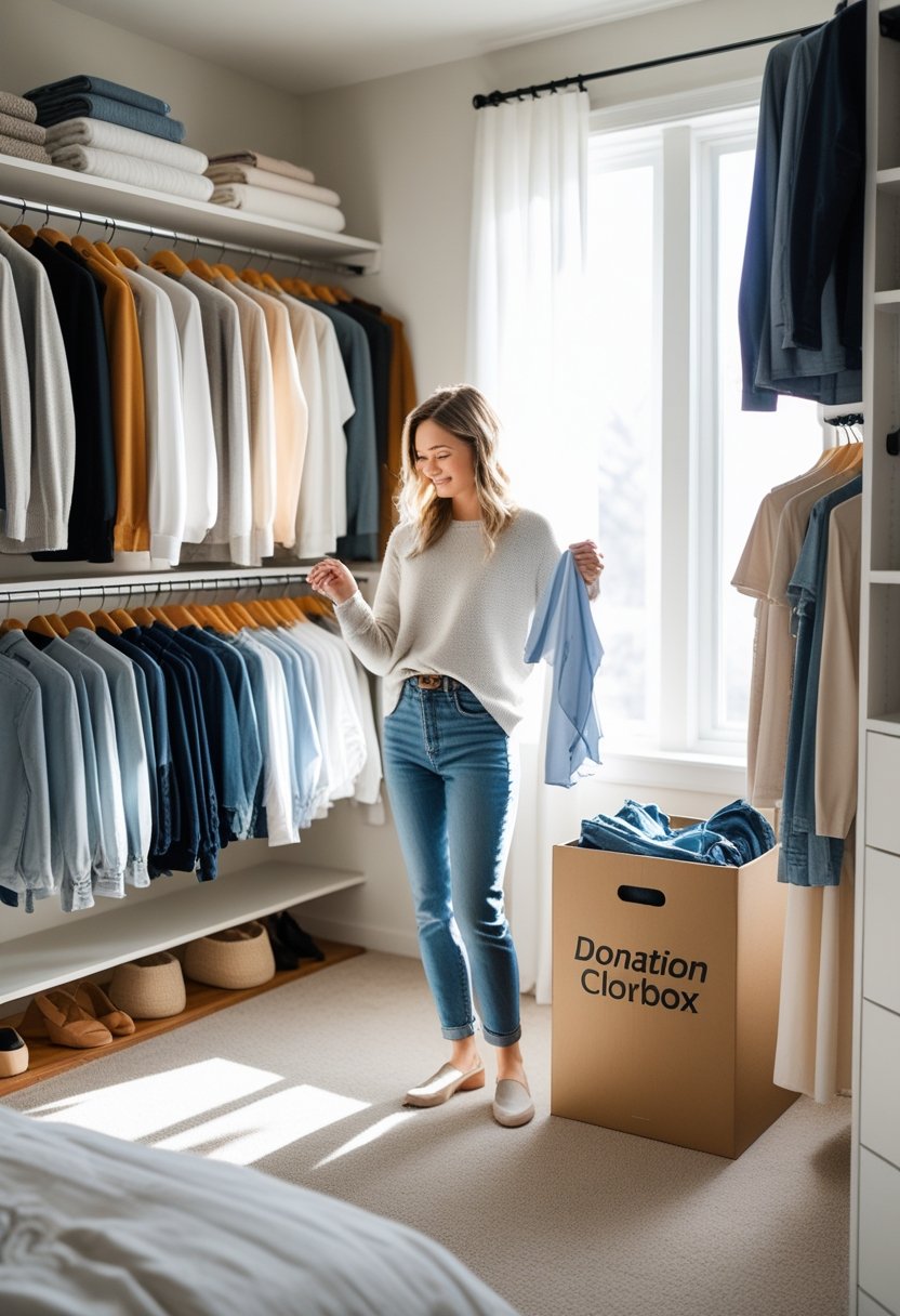 Person organizing clothes in a bright, tidy bedroom closet with a donation box nearby.