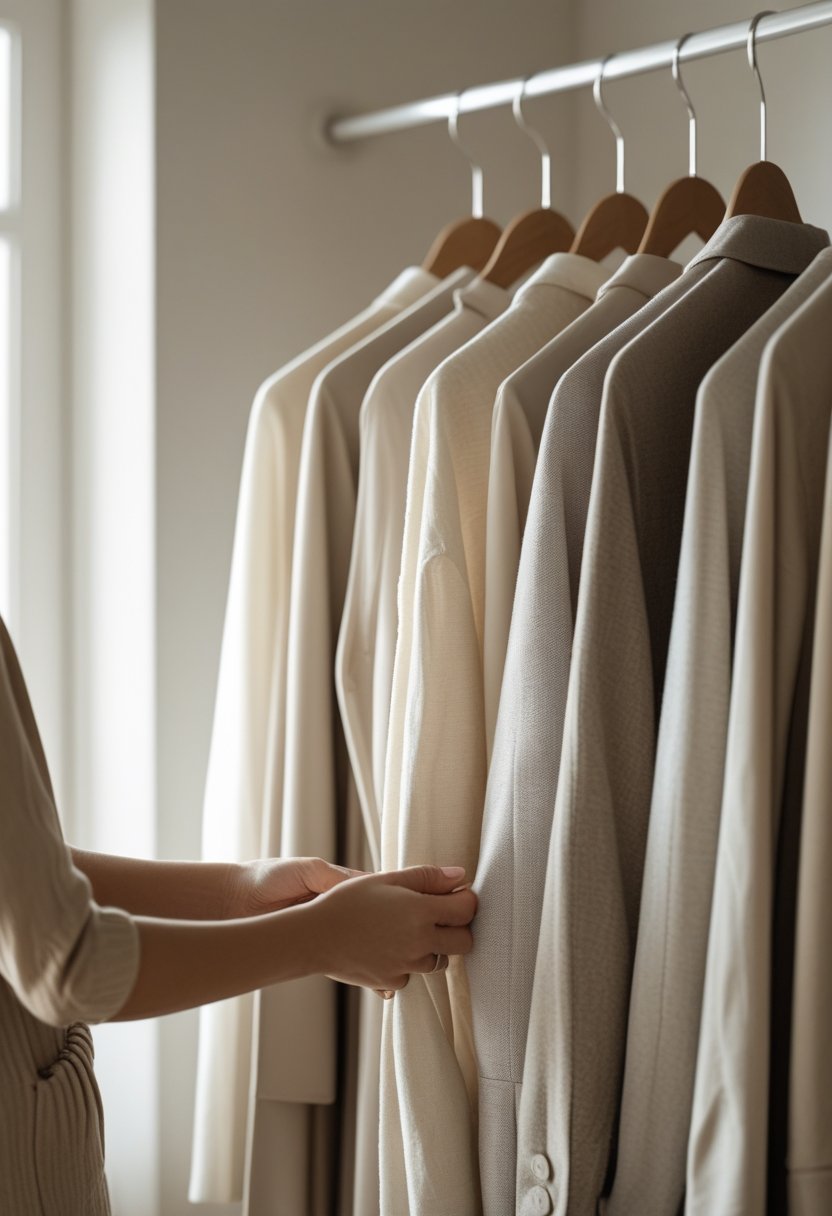 A person holding a garment in front of a minimalist wardrobe with a few neatly hung clothes.