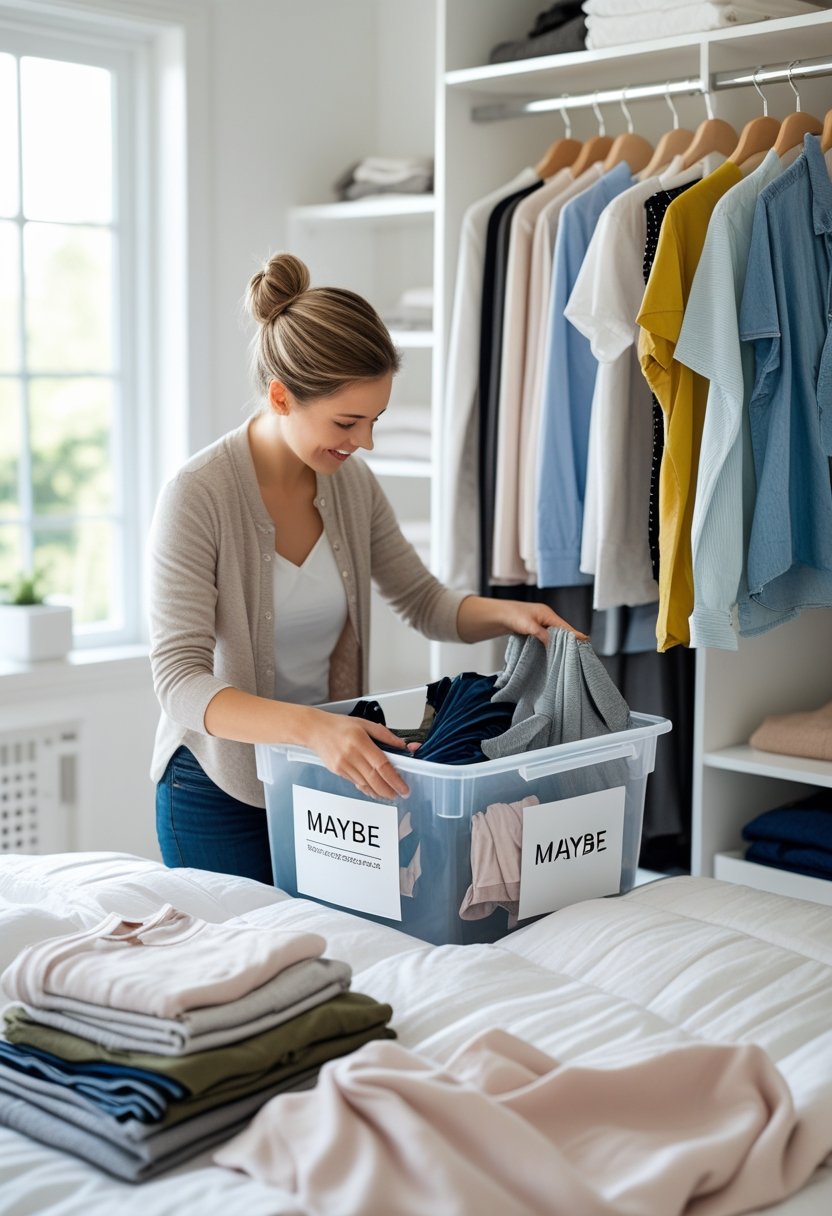 A person sorting clothes in a tidy bedroom, placing some items into a bin for uncertain decisions while organizing the wardrobe.