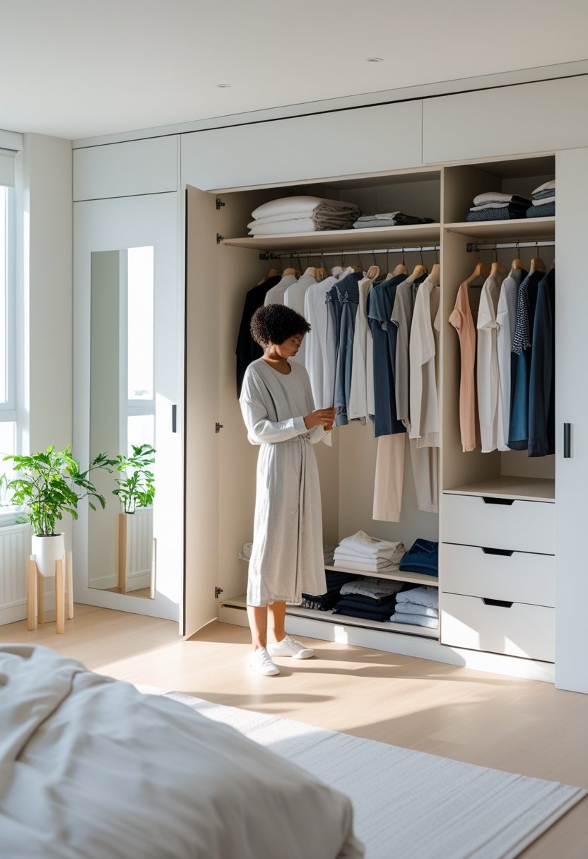 Person standing in front of an open wardrobe holding a piece of clothing in a bright, tidy bedroom.