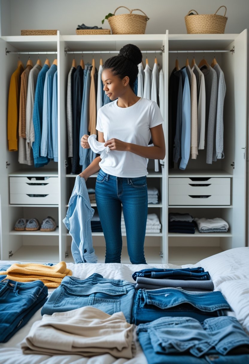 Person sorting through clothes outside an open wardrobe with garments laid out on a bed and floor in a well-lit bedroom.