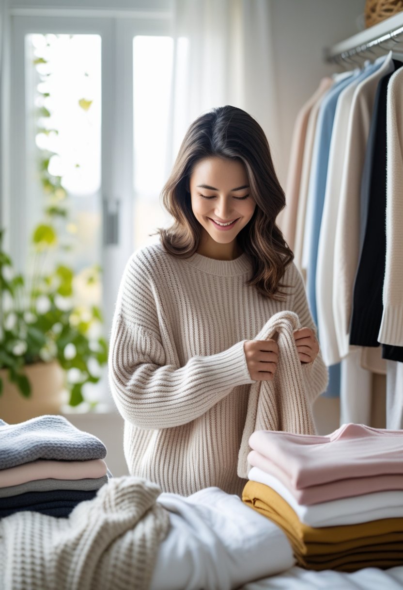 Person thoughtfully sorting clothes in a bright, tidy bedroom with natural light.