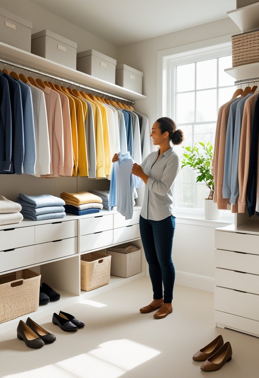 A person in a tidy closet holding a shirt, surrounded by neatly arranged clothes and storage boxes.